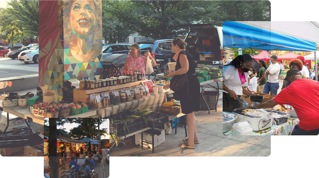 Collage of images: Group of people in a community garden holding herbs and vegetables; woman serving food in an outdoor food stall; open common area at Stackt Market